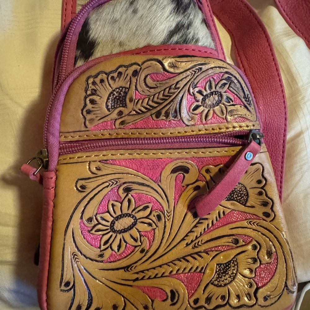 Floral Embossed Pink and Tan Leather Crossbody Bag